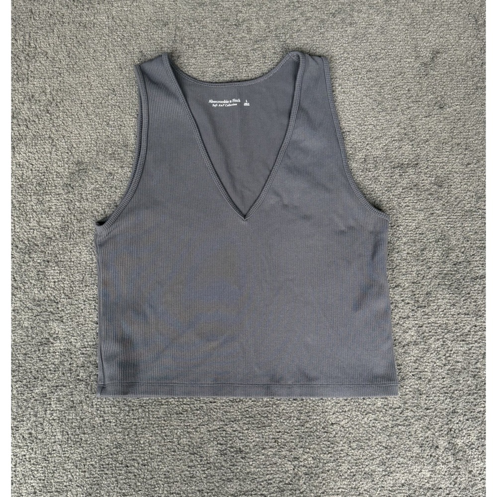 Abercrombie & Fitch Soft A&F Collection Ribbed V-Neck Crop Tank Top Grey Large